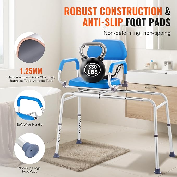 🛁 Smooth-Slide Swivel Shower Chair 🚿 | Adjustable & Safe Transfer Bench
